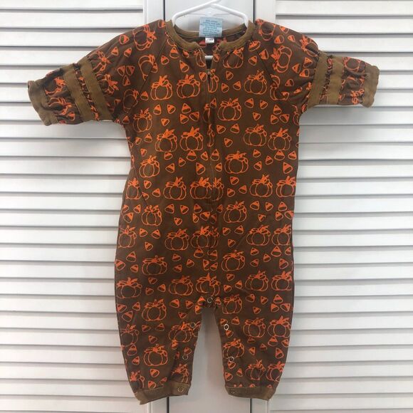 Brown 6M candy corn & pumpkin Romper - Picture 1 of 6